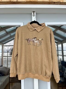 Lakewear Women’s Tan  Collar Terry Sweater with Horse Embroidery